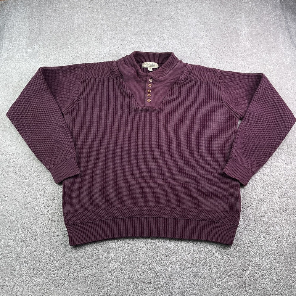 Cabelas Sweater Mens XL Tall‎ Red Burgundy Henley Heavy Cotton Ribbed Fisherman